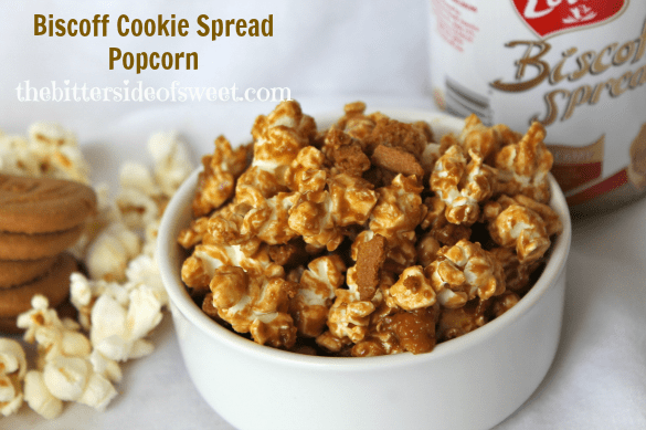 Biscoff Cookie Spread Popcorn via thebittersideofsweet Biscoff Cookie Spread Popcorn
