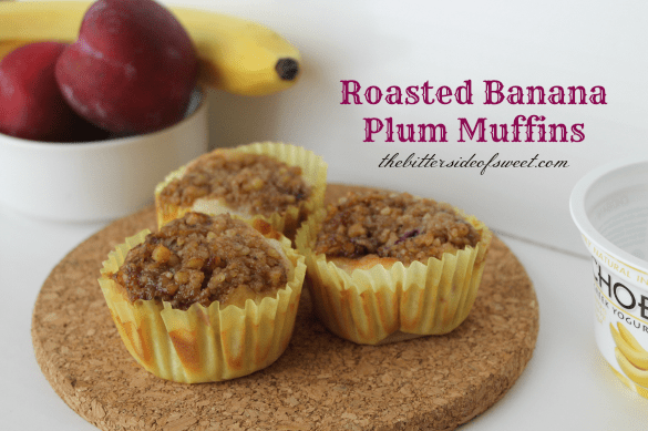Roasted Banana Plum Muffins | thebittersideofsweet.com #muffins #chobani #bananas Roasted Banana Plum Muffins | thebittersideofsweet.com #muffins #chobani #bananas