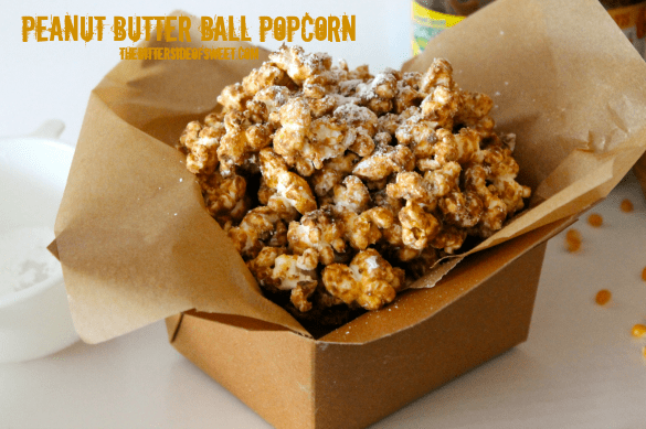 Peanut Butter Ball Popcorn thebittersideofsweet.com #popcornweek #snack #peanutbutter Peanut Butter Ball Popcorn thebittersideofsweet.com #popcornweek #snack #peanutbutter