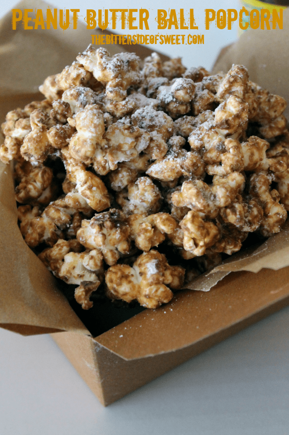 Peanut Butter Ball Popcorn thebittersideofsweet.com #popcornweek #snack #peanutbutter Peanut Butter Ball Popcorn thebittersideofsweet.com #popcornweek #snack #peanutbutter