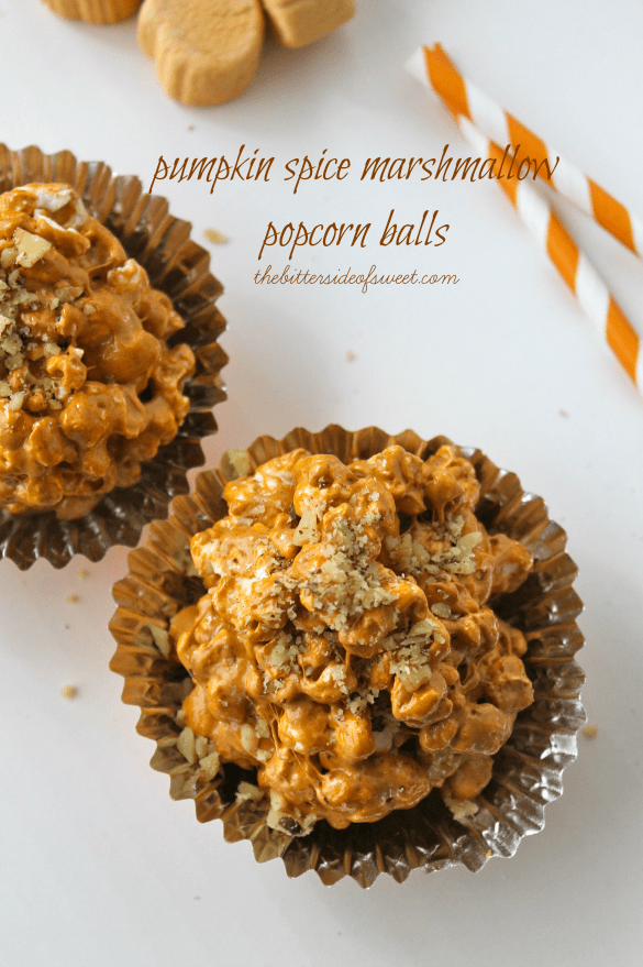Festive Ooey Gooey Pumpkin Spice Marshmallow Popcorn balls | thebittersideofsweet.com #popcornweek #popcorn #pumpkin Festive Ooey Gooey Pumpkin Spice Marshmallow Popcorn balls | thebittersideofsweet.com #popcornweek #popcorn #pumpkin