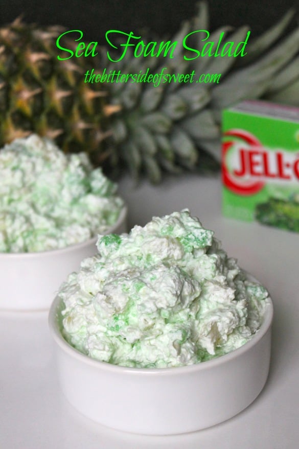 Sea Foam Salad is the perfect no bake dessert anytime of the year! We love for around the holidays! Just a few simple ingredients and it is ready to go! Sea Foam Salad in a white bowl