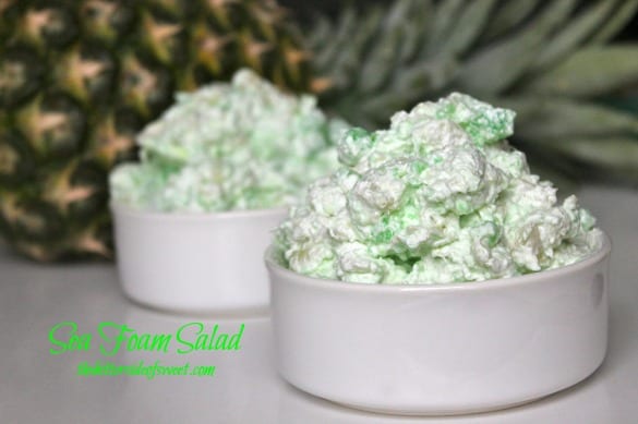 Sea Foam Salad is the perfect no bake dessert anytime of the year! We love for around the holidays! Just a few simple ingredients and it is ready to go! Sea Foam Salad in a white bowl
