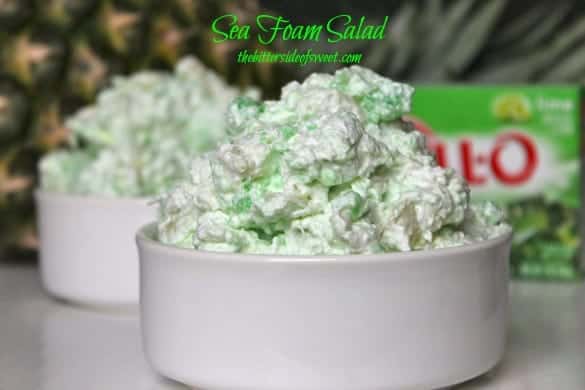 Sea Foam Salad is the perfect no bake dessert anytime of the year! We love for around the holidays! Just a few simple ingredients and it is ready to go! Sea Foam Salad in a white bowl