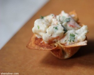 Wonton Cups filled with Mango Curry Shrimp Salad