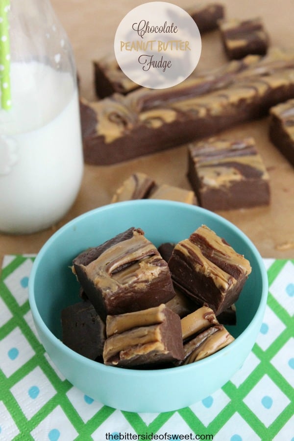 Easy Homemade Chocolate Peanut Butter Fudge made only in the microwave! Perfect for when you need a quick, simple and easy treat! Chocolate Peanut Butter Fudge in blue bowl