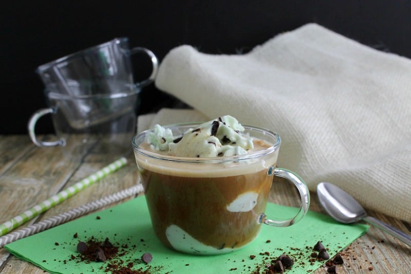 Mint Chocolate Chip Affogato is a coffee drink that can be enjoyed all year round. Adding my own twist to this delicious Italian coffee with mint ice cream! | The Bitter Side of Sweet Mint Chocolate Chip Affogato on green background