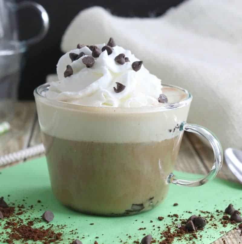 Mint Chocolate Chip Affogato is a coffee drink that can be enjoyed all year round. Adding my own twist to this delicious Italian coffee with mint ice cream! | The Bitter Side of Sweet Mint Chocolate Chip Affogato on green background