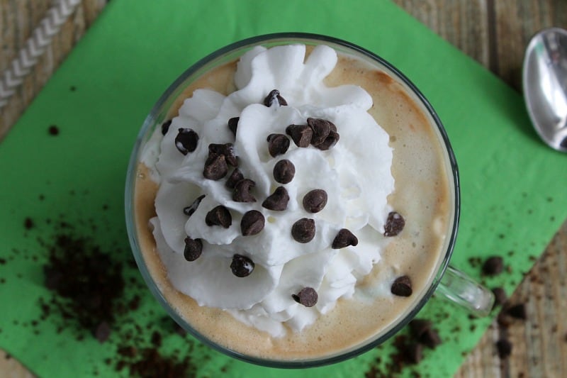 Mint Chocolate Chip Affogato is a coffee drink that can be enjoyed all year round. Adding my own twist to this delicious Italian coffee with mint ice cream! | The Bitter Side of Sweet Mint Chocolate Chip Affogato on green background