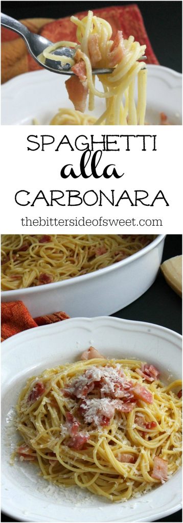 Bacon is the star of this Spaghetti alla Carbonara Recipe! A traditional Italian dish that is made simple and ready in 30 minutes! Spaghetti alla Carbonara in a white bowl
