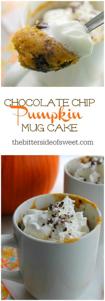 This Chocolate Chip Pumpkin Mug Cake is an easy to make homemade mug cake with a fall twist! Made in the microwave in just a few minutes! Chocolate Chip Pumpkin Mug Cake