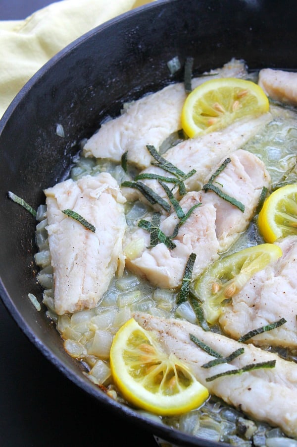 Simple to make One Pot Skillet Lemon and Sage Fish that is full of bold lemon flavors and a butter sauce! Lemon and Sage Fish in skillet