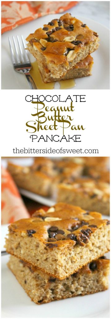 Make breakfast time easier with this time saving Chocolate Peanut Butter Sheet Pan Pancake! They are full of peanut butter flavor and chocolate! | The Bitter Side of Sweet Chocolate Peanut Butter Sheet Pan Pancake