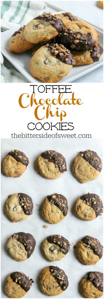 An easy cookie to make, these Toffee Chocolate Chip Cookies are packed with toffee and chocolate flavor! Perfect for Christmas cookie trays! | The Bitter Side of Sweet #cookies #toffee #chocolate Toffee Chocolate Chip Cookies