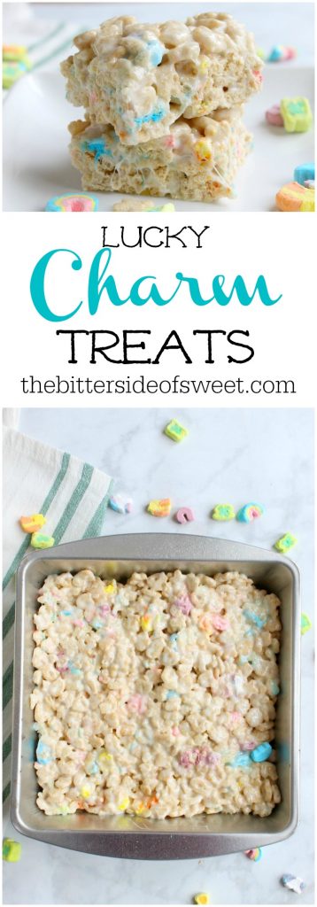 Lucky Charms has to be my kids all time favorite cereal. These Charm Treats are the new favorite in our house and they are teenager approved! Charm Treats collage photo