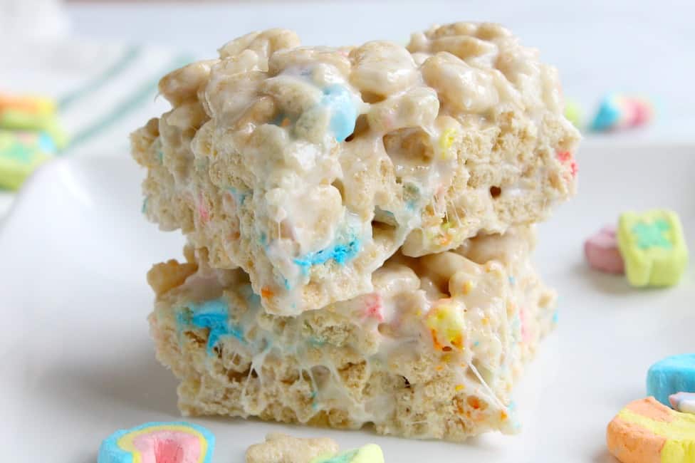 Lucky Charms has to be my kids all time favorite cereal. These Charm Treats are the new favorite in our house and they are teenager approved! Charm Treats on white background