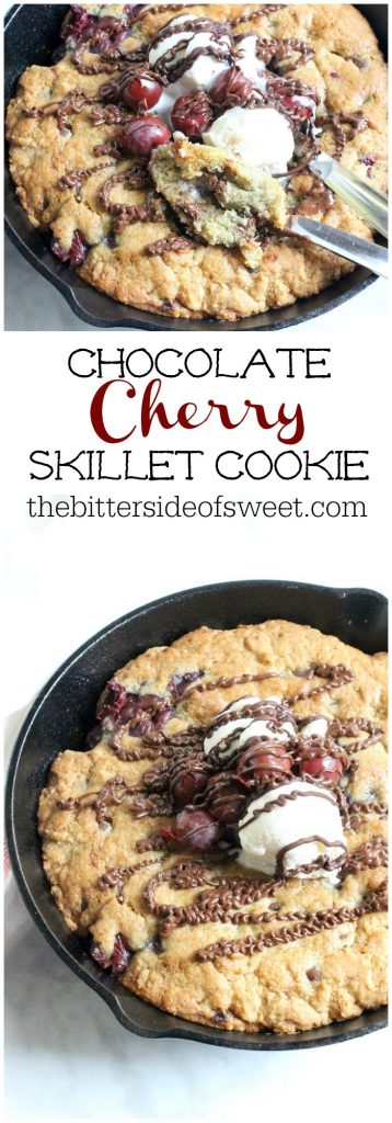 Warm chocolate chip cookie and cherries makes this delicious gooey Chocolate Cherry Skillet Cookie the perfect dessert for two! | The Bitter Side of Sweet #cookie #cherry #chocolate #dessert Chocolate Cherry Skillet Cookie in skillet