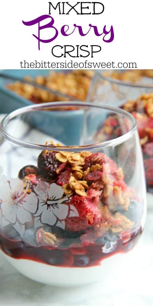 An easy baked dessert with a delicious crunchy topping! This Mixed Berry Crisp is a great way to use up those summer berries! Mixed Berry Crisp in glass cup