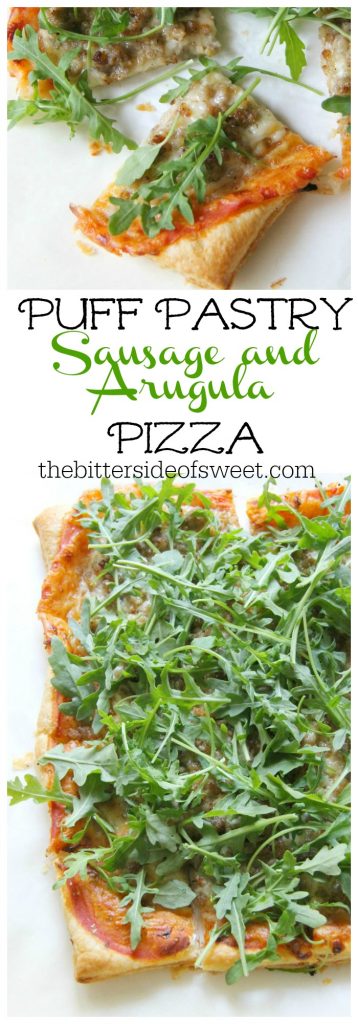 Puff Pastry Sausage and Arugula Pizza is sweet, savory, and spicy. The bite of arugula pairs perfectly with sweet puff pastry and moreish Italian sausage. Puff Pastry Sausage and Arugula Pizza