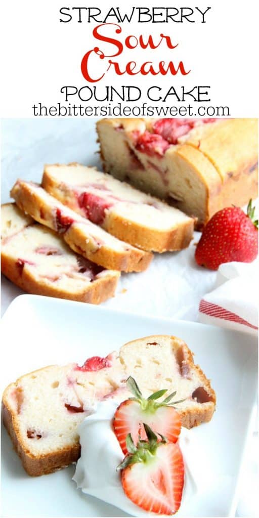 Take a classic pound cake and add summer strawberries to it to make a delicious moist cake! This Strawberry Sour Cream Pound cake will not disappoint! | The Bitter Side of Sweet Strawberry Sour Cream Pound Cake on a white plate