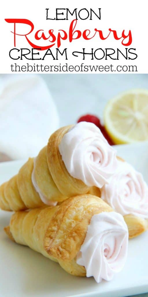 Lemon Raspberry Cream Horns! Made with buttery puff pastry and a homemade lemon raspberry whipped cream! The best dessert around! Lemon Raspberry Cream Horns stacked on white plate