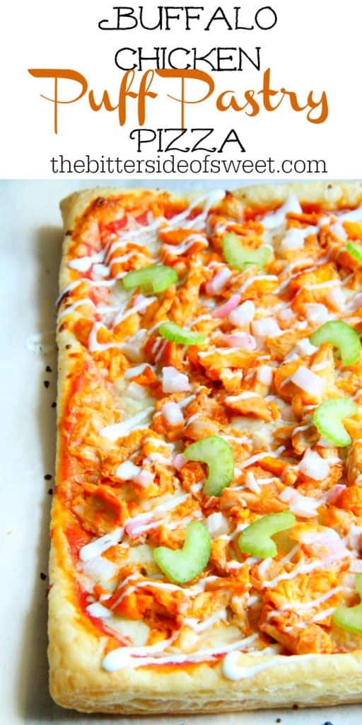 Buffalo Chicken Puff Pastry Pizza is the epitome of easy dinner. Grab a rotisserie chicken on your way home from work, you're gonna need it! | The Bitter Side of Sweet #puffpastry #chicken #buffalosauce #pizza Buffalo Chicken Puff Pastry Pizza