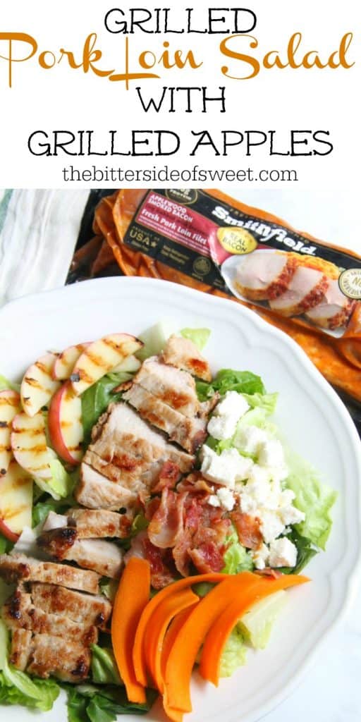 This Grilled Pork Loin Salad with Grilled Apples is a refreshing salad loaded with flavor! Top with bacon, carrots and feta cheese and you have perfection! | The Bitter Side of Sweet #ad #RealFlavorRealFast #SmithfieldRealFresh Grilled Pork Loin Salad with Grilled Apples