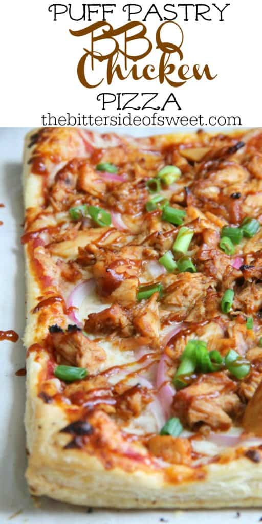Puff Pastry BBQ Chicken Pizza will make parents and kids happy! It's an easy weeknight dinner that everyone will go crazy for! | The Bitter Side of Sweet #pizza #puffpastry #chicken Puff Pastry BBQ Chicken Pizza