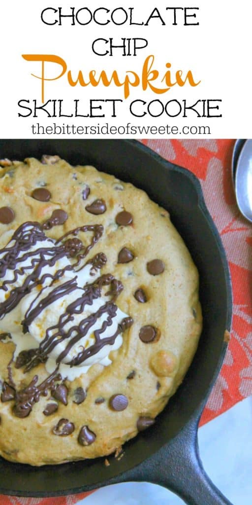 This Chocolate Chip Pumpkin Skillet Cookie is so much easier to make then a batch of cookies! It's super easy to make and perfect for fall! Chocolate Chip Pumpkin Skillet Cookie on orange napkin