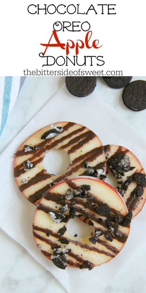 Indulging in this back to school treat for kids by adding fruit and dark chocolate to these Chocolate Oreo Apple Donuts! Your kids will be jumping for joy! | The Bitter Side of Sweet #SnackTimeDelight #ad #oreo #chocolate #apples Chocolate Oreo Apple Donuts white background