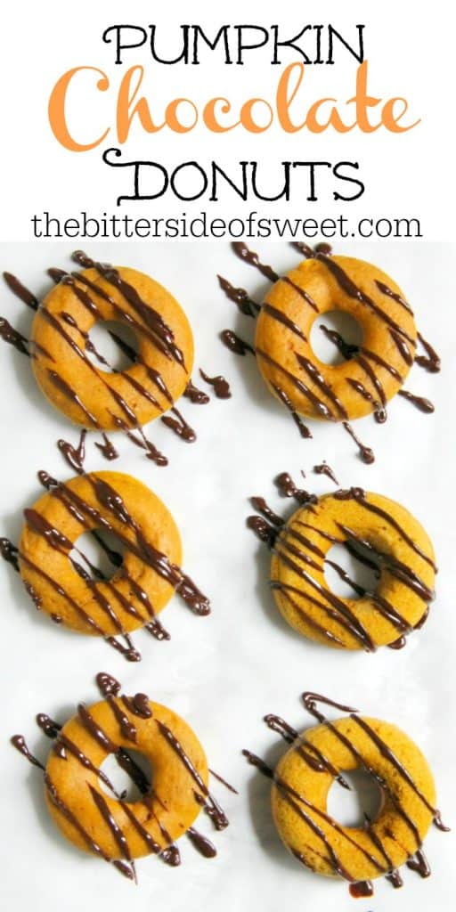 These Pumpkin Chocolate Donuts will not disappoint. They are a soft baked donut that has chocolate throughout. This makes the perfect fall treat! | The Bitter Side of Sweet #pumpkinweek #sponsored #pumpkin #donuts #breakfast Pumpkin Chocolate Donuts