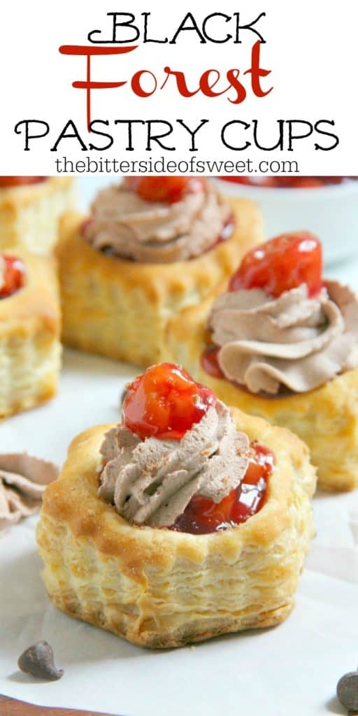 These Black Forest Pastry Cups are an elegant dessert that takes just a matter of minutes to bake up! Perfect for when you need something quick to serve! | The Bitter Side of Sweet #puffpastry #chocolate #cherries Black Forest Pastry Cups
