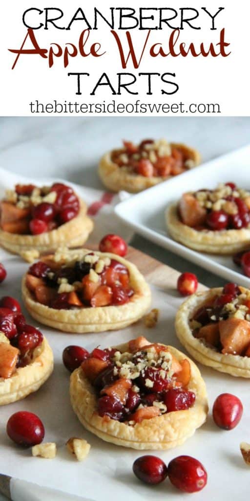 These Cranberry Apple Walnut Tarts would be the perfect addition to your holiday dessert table! Perfect for when you want to make individual desserts! | The Bitter Side of Sweet #cranberry #walnut #puffpastry #apple Cranberry Apple Walnut Tarts with text