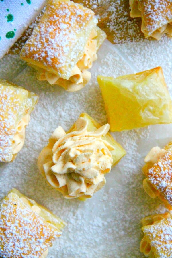 Miguelitos with Pumpkin Cream will whip up quickly, just in time for your impromptu dinner party. They’re perfect for fall. | The Bitter Side of Sweet #pumpkin #puffpastry #fallbaking Miguelitos with Pumpkin Cream