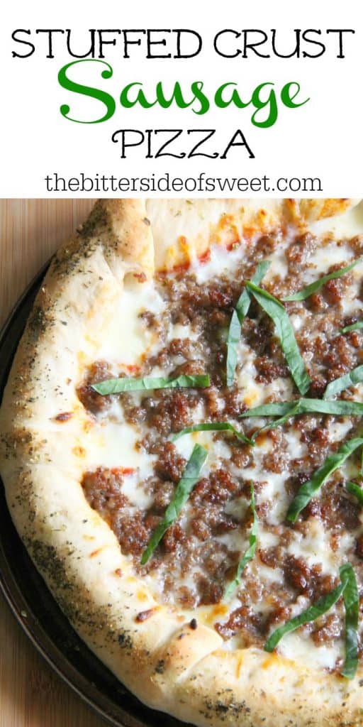 You can have the taste of store bought pizza right in your own home with this Stuffed Crust Sausage Pizza! Filled with lots of cheesy goodness! | The Bitter Side of Sweet #pizza #cheese #sausage Stuffed Crust Sausage Pizza