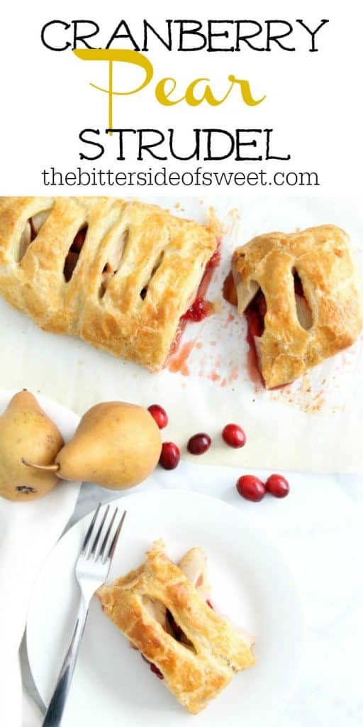 Cranberry Pear Strudel is a simple, sweet dessert! A few ingredients of seasonal fruit and puff pastry and you have the perfect treat! | The Bitter Side of Sweet #puffpastry #cranberry #pear Cranberry Pear Strudel on white plate