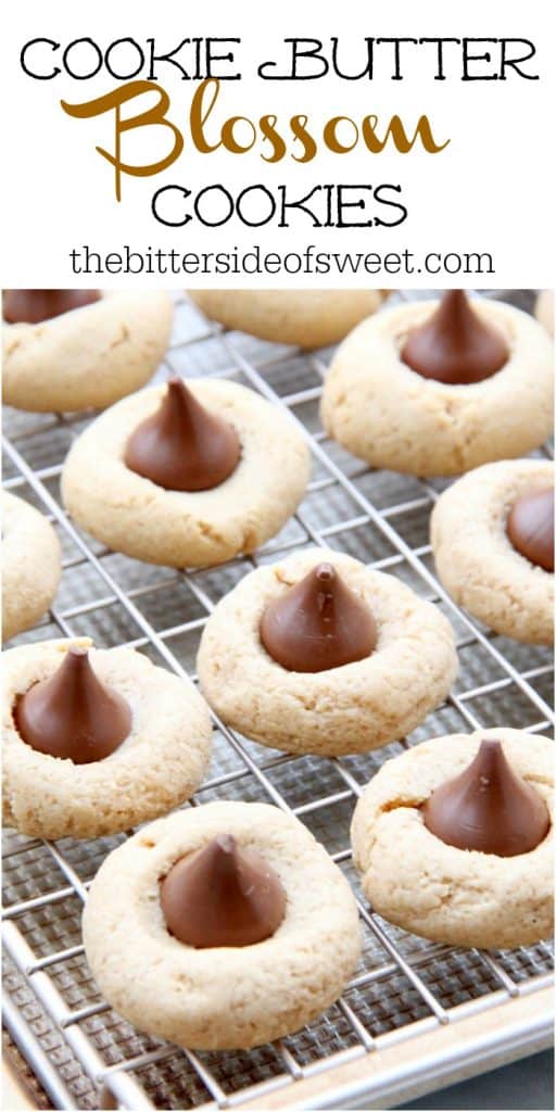 Cookie Butter Blossom Cookies are an easy to make cookie that bakes up in 10 minutes! These blossom cookies are a twist to the classic cookie! | #christmassweetsweek #ad | The Bitter Side of Sweet #cookiebutter Cookie Butter Blossom Cookies on metal tray