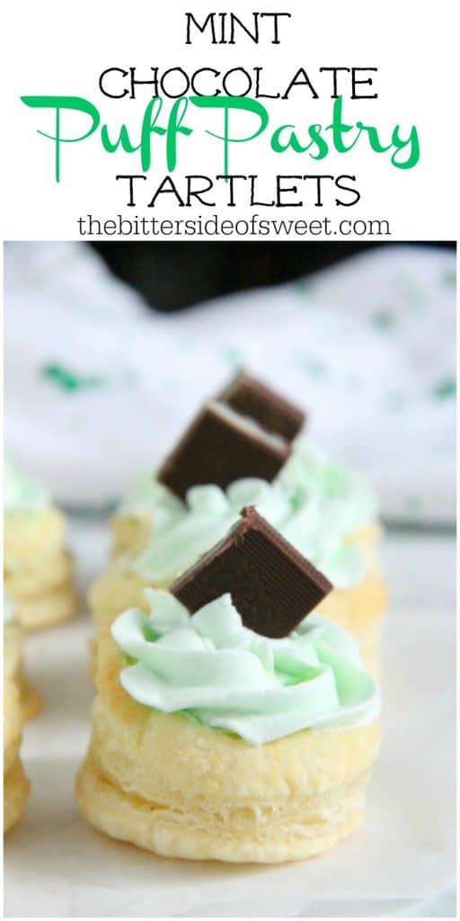 Mint Chocolate Puff Pastry Tartlets are the perfect individual dessert for entertaining! The flavors of mint and chocolate pair well with a whipped cream frosting, to make this out of this world! Mint Chocolate Puff Pastry Tartlets on white background