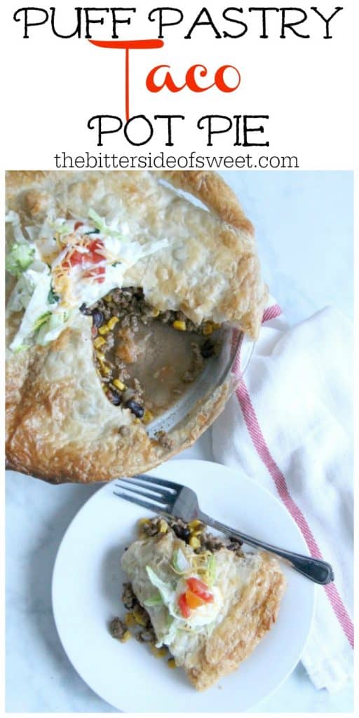 Puff Pastry Taco Pot Pie makes getting dinner on the table a total snap. Bonus points: it totally works for Taco Tuesday AND One Dish Wednesday. | The Bitter Side of Sweet #tacotuesday #easydinner #puffpastry Puff Pastry Taco Pot Pie on white plate