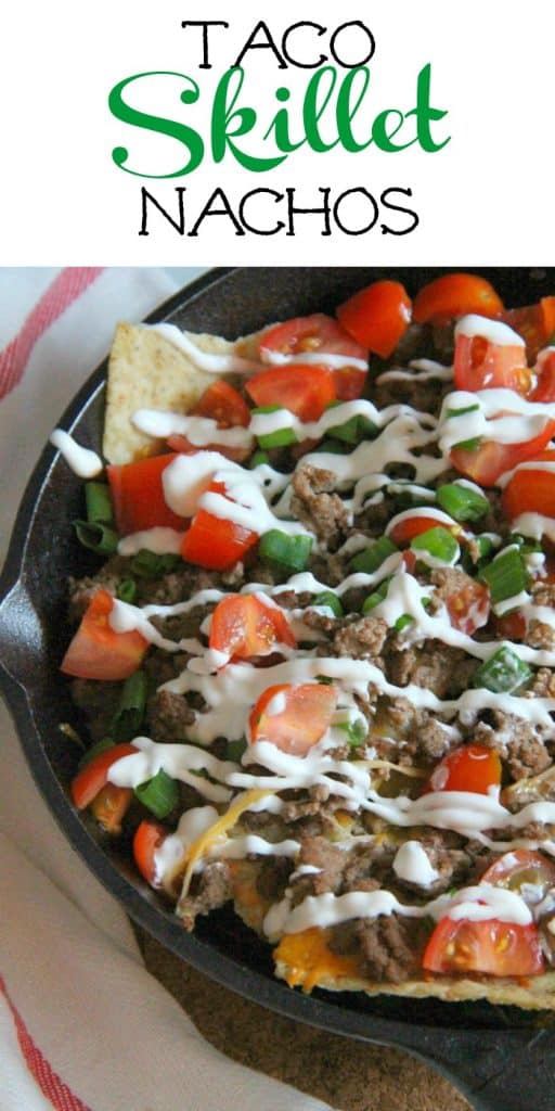 Taco Skillet Nachos are the best kind of party food! All of your favorite flavors for tacos topped onto a bed of tortilla chips for a delicious appetizer! | The Bitter Side of Sweet #gameday #appetizer #taco Taco Skillet Nachos in black skillet