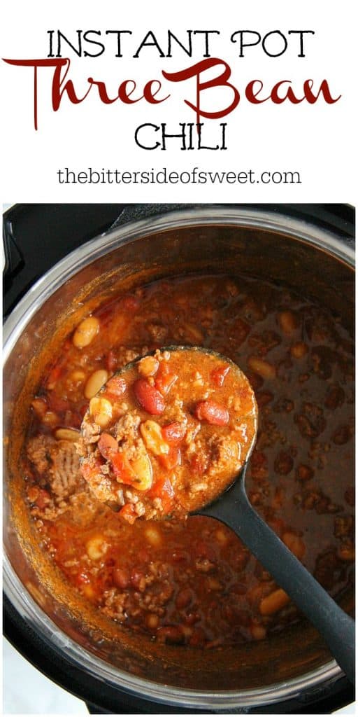 Instant Pot Three Bean Chili is so delicious and full of flavor! Twenty minutes of pressure cooking and you have this amazing bowl of comfort food! Instant Pot Three Bean Chili in pot