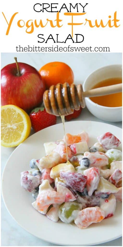 Creamy Yogurt Fruit Salad is a delicious alternative to a sweet dessert! Packed with lots of fruit, greek yogurt and honey, this salad will not disappoint! Creamy Yogurt Fruit Salad on white plate