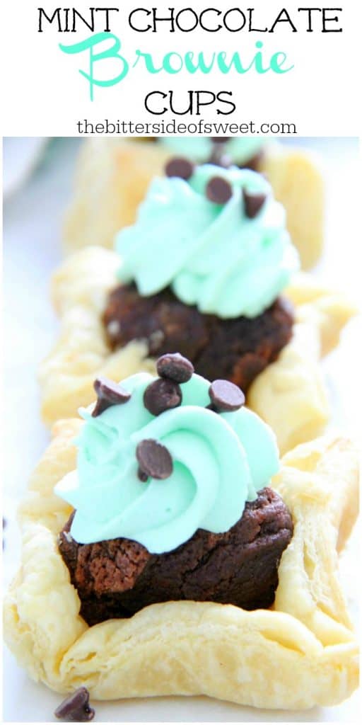 These Mint Chocolate Brownie Cups are a sweet addition to your next dinner party. Puff Pastry always adds a little bit of elegance to any dessert! Mint Chocolate Brownie Cups on white background