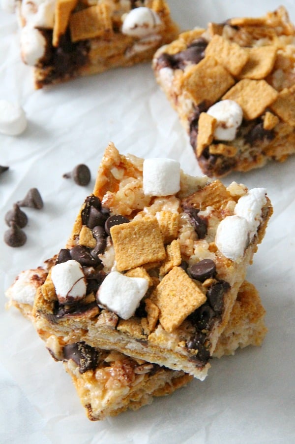 These S'mores Marshmallow Treats are such a fun summertime treat, especially when you do not have the convenience of a campfire! S'mores Marshmallow Treats on white background