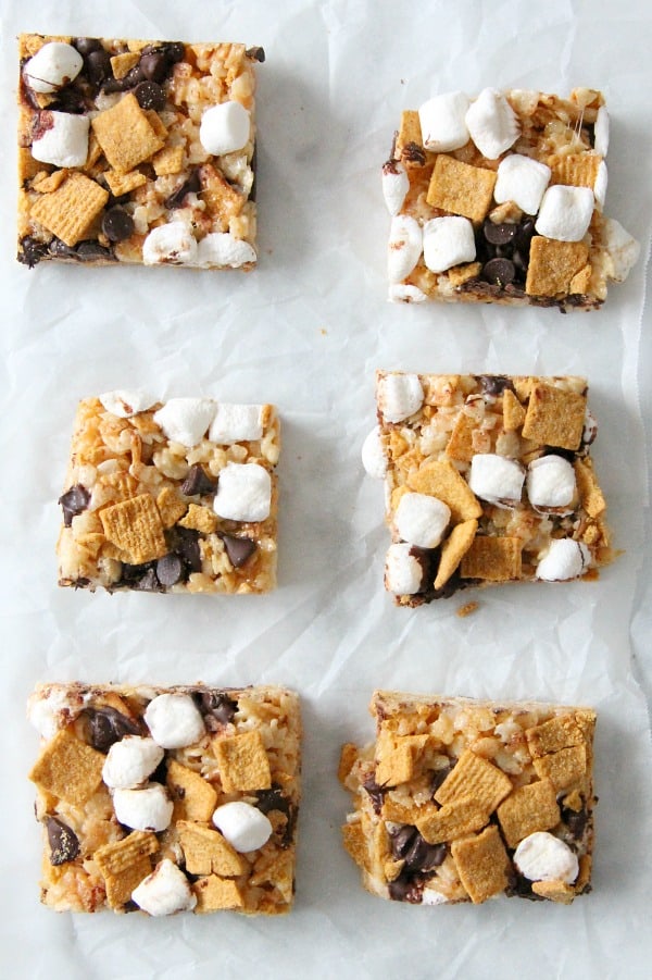 These S'mores Marshmallow Treats are such a fun summertime treat, especially when you do not have the convenience of a campfire! S'mores Marshmallow Treats on white background