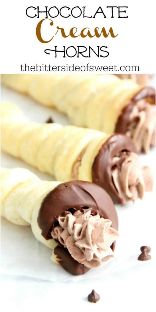 Chocolate Cream Horns are a sweet, delicate dessert for the chocolate lover in your life. You will love how easy they are! | The Bitter Side of Sweet Chocolate Cream Horns on parchment paper