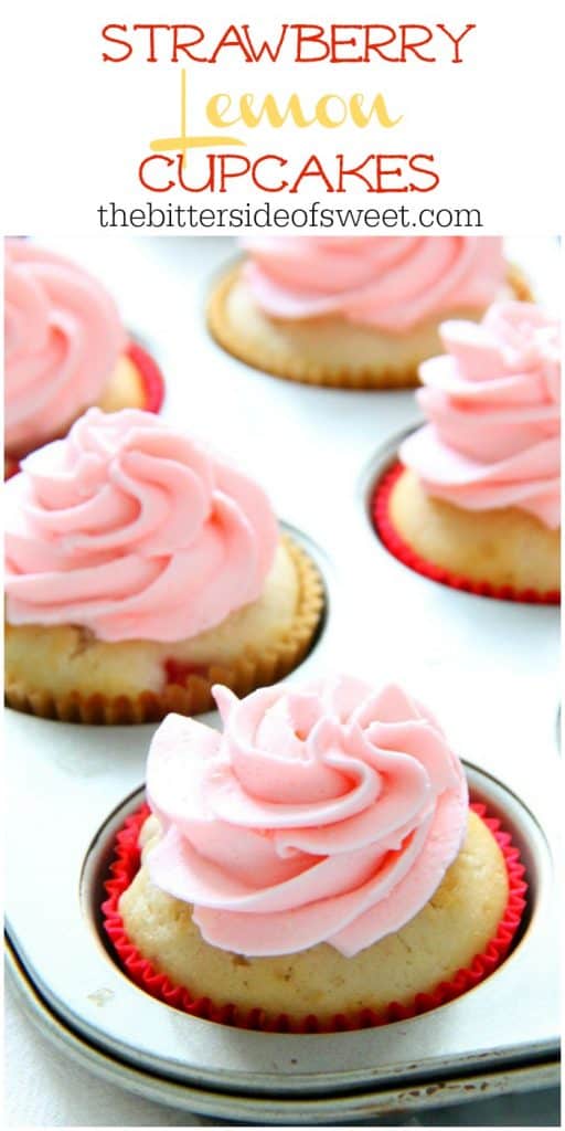 These Strawberry Lemon Cupcakes are a made from scratch cupcake! So moist with a little strawberry in each bite topped off with cream cheese frosting! | The Bitter Side of Sweet Strawberry Lemon Cupcakes in muffin pan