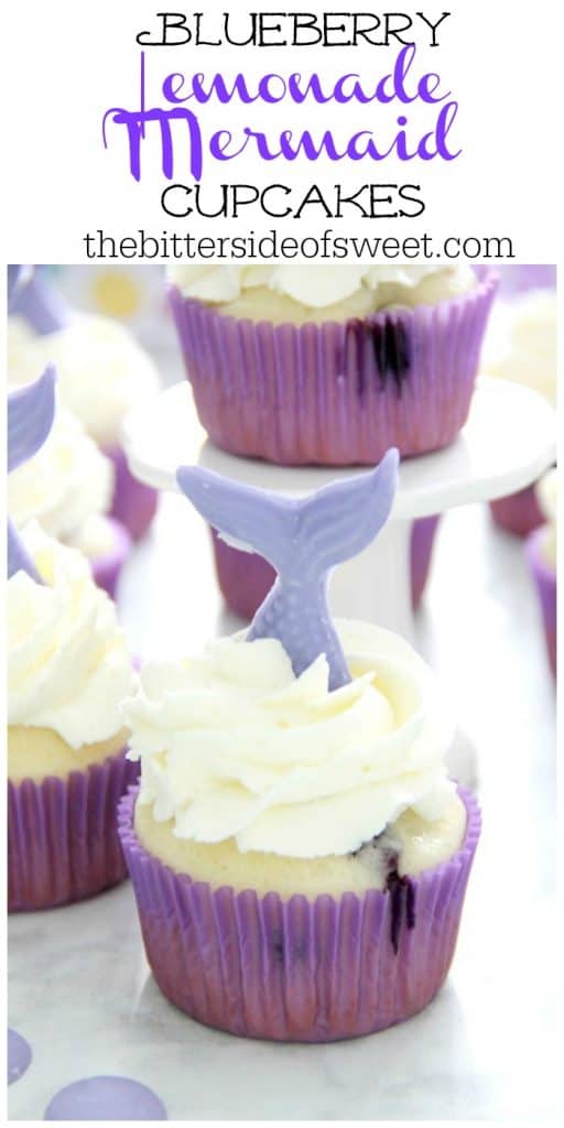 These Blueberry Lemonade Mermaid Cupcakes are so fun for a summer party! The kids would love the make the mermaid tails with you! | The Bitter Side of Sweet Blueberry Lemonade Mermaid Cupcakes in purple cupcake liner