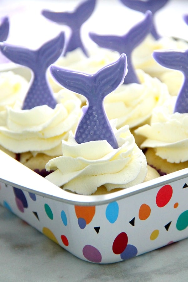 These Blueberry Lemonade Mermaid Cupcakes are so fun for a summer party! The kids would love the make the mermaid tails with you! | The Bitter Side of Sweet Blueberry Lemonade Mermaid Cupcakes in sheet pan.