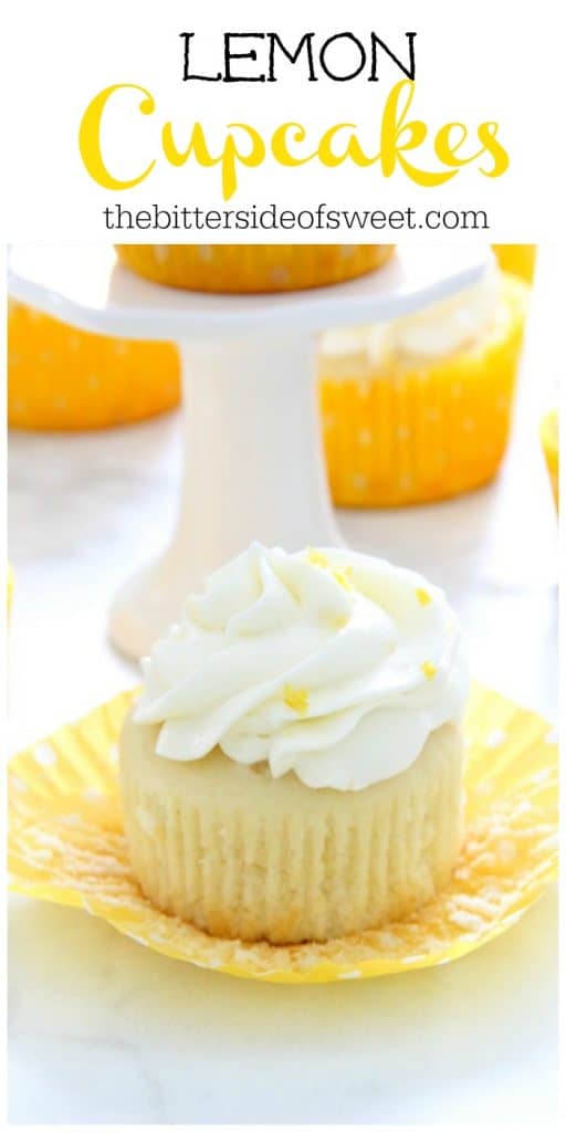 Moist and delicious Homemade Lemon Cupcakes topped with a homemade cream cheese frosting with added lemon zest. Perfect for any day of the week! | The Bitter Side of Sweet Lemon Cupcakes on white background